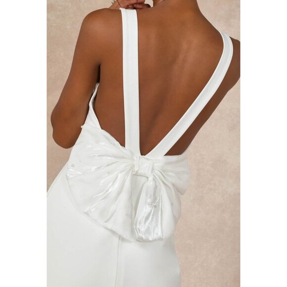 Lulu's NWT Romantic Glow Backless Pearl Bow Wedding Gown Maxi Dress Sz Medium Wh - Picture 4 of 16